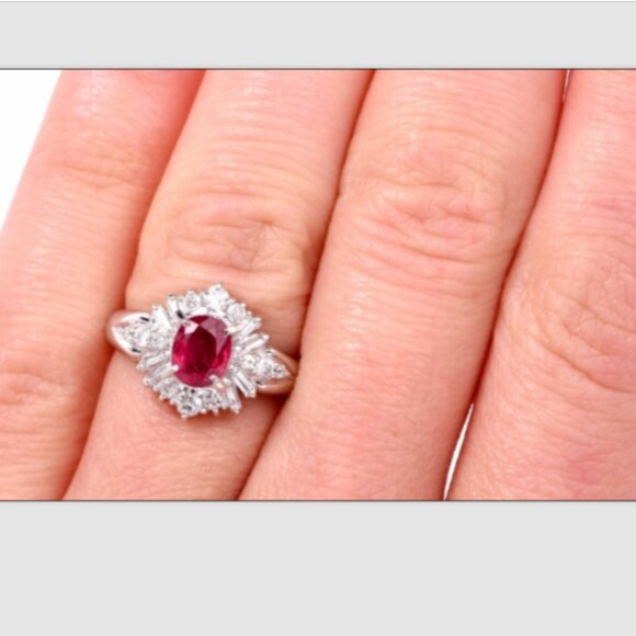 Platinum Ruby, Baguette, Round Diamonds Halo Ring 1.30ct 5.5 - Picture 5 of 7